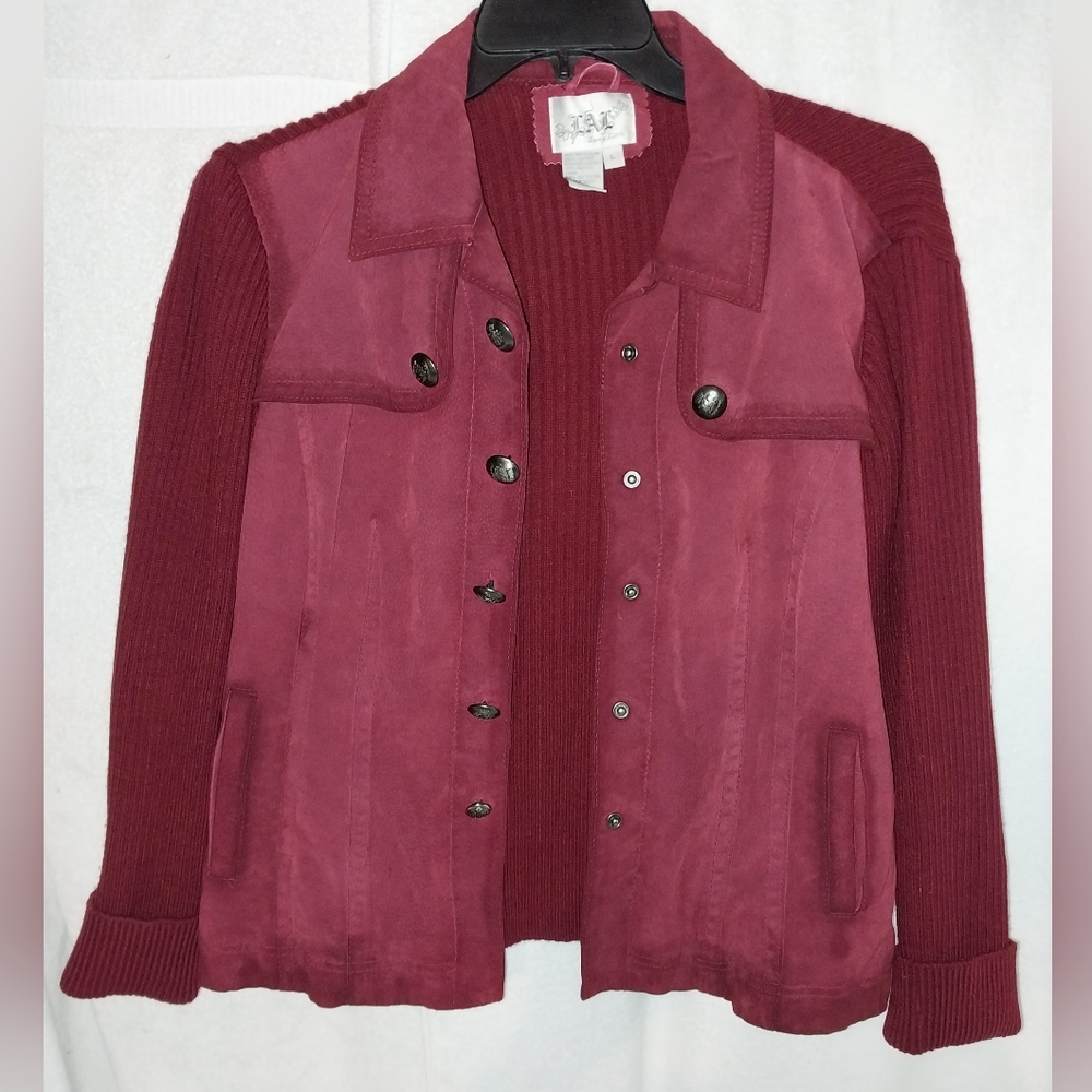 LAL Live a Little Women's Suede Leather Ribbed Knit Sweater Jacket Maroon SzL